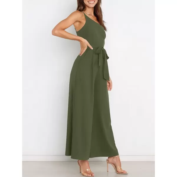 Caracilia Women's Summer Dressy One Shoulder Strap Tie Waist Zipper Back Wide Leg Jumpsuit Rompers with Pockets