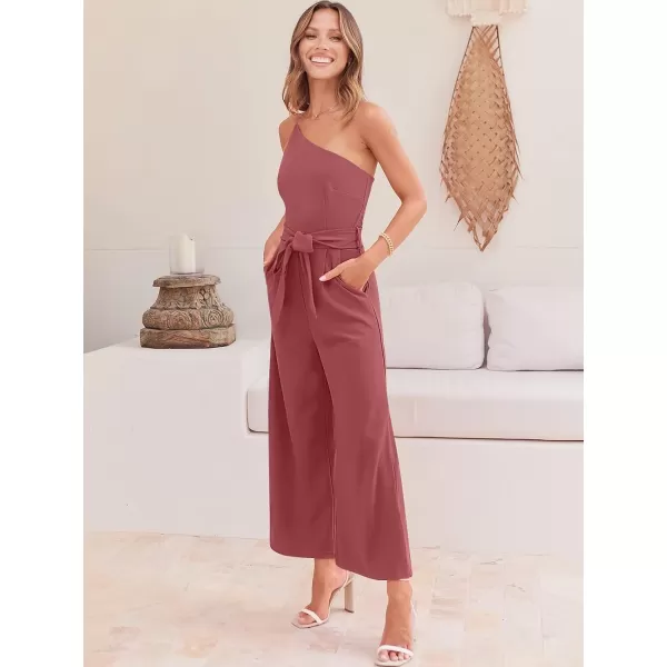 Caracilia Women's Summer Dressy One Shoulder Strap Tie Waist Zipper Back Wide Leg Jumpsuit Rompers with Pockets
