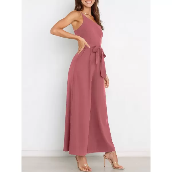 Caracilia Women's Summer Dressy One Shoulder Strap Tie Waist Zipper Back Wide Leg Jumpsuit Rompers with Pockets
