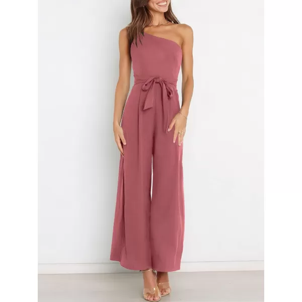 Caracilia Women's Summer Dressy One Shoulder Strap Tie Waist Zipper Back Wide Leg Jumpsuit Rompers with Pockets