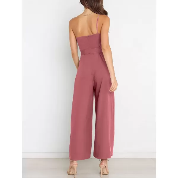 Caracilia Women's Summer Dressy One Shoulder Strap Tie Waist Zipper Back Wide Leg Jumpsuit Rompers with Pockets