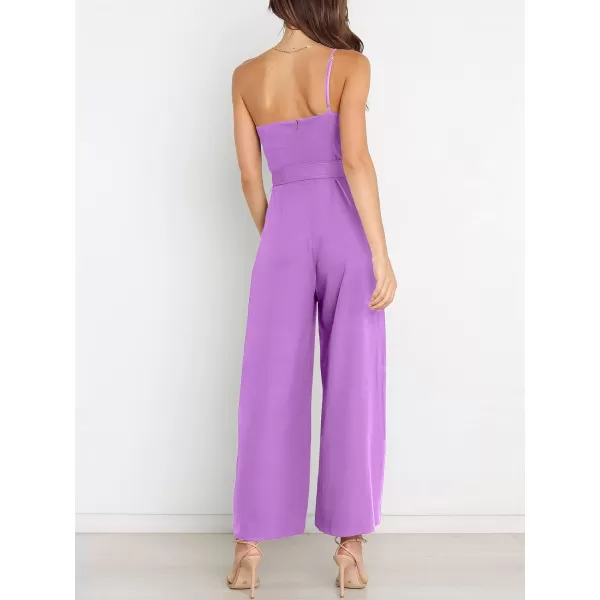 Caracilia Women's Summer Dressy One Shoulder Strap Tie Waist Zipper Back Wide Leg Jumpsuit Rompers with Pockets