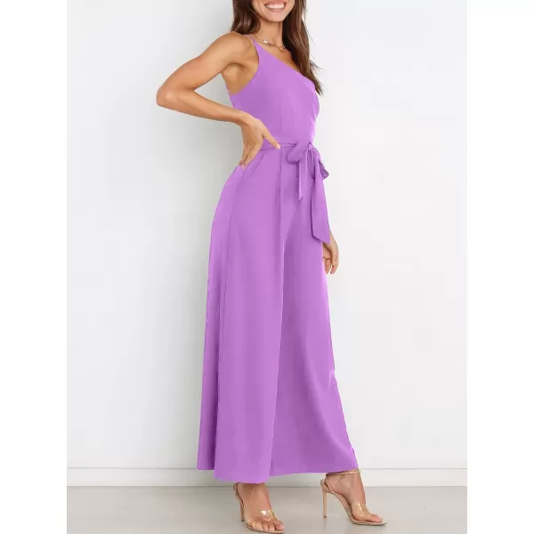 Caracilia Women's Summer Dressy One Shoulder Strap Tie Waist Zipper Back Wide Leg Jumpsuit Rompers with Pockets