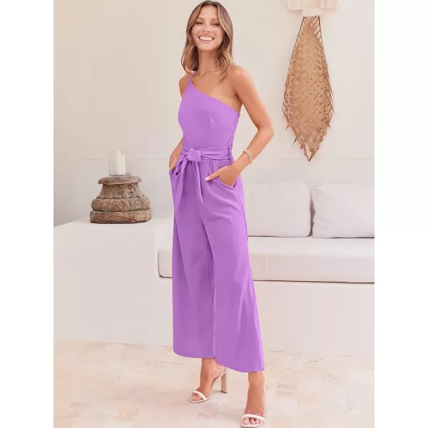 Caracilia Women's Summer Dressy One Shoulder Strap Tie Waist Zipper Back Wide Leg Jumpsuit Rompers with Pockets