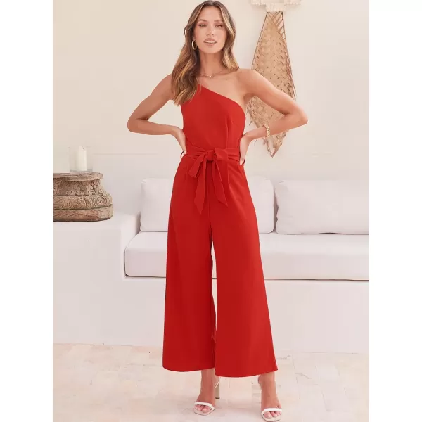 Caracilia Women's Summer Dressy One Shoulder Strap Tie Waist Zipper Back Wide Leg Jumpsuit Rompers with Pockets