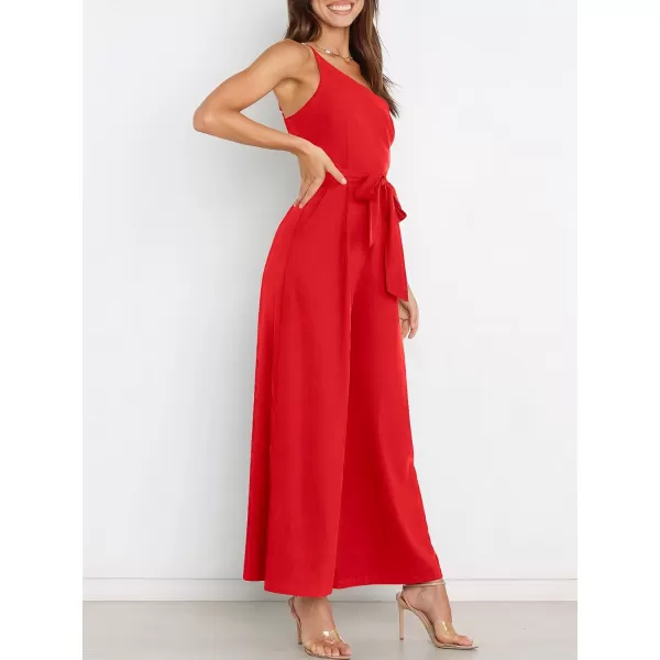 Caracilia Women's Summer Dressy One Shoulder Strap Tie Waist Zipper Back Wide Leg Jumpsuit Rompers with Pockets