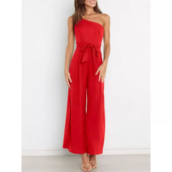 Caracilia Women's Summer Dressy One Shoulder Strap Tie Waist Zipper Back Wide Leg Jumpsuit Rompers with Pockets