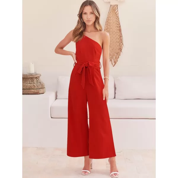 Caracilia Women's Summer Dressy One Shoulder Strap Tie Waist Zipper Back Wide Leg Jumpsuit Rompers with Pockets