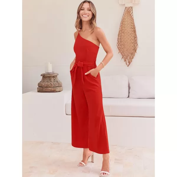 Caracilia Women's Summer Dressy One Shoulder Strap Tie Waist Zipper Back Wide Leg Jumpsuit Rompers with Pockets