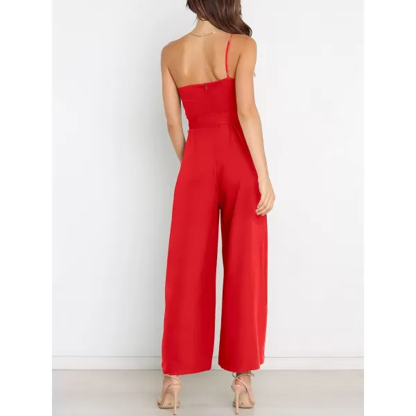 Caracilia Women's Summer Dressy One Shoulder Strap Tie Waist Zipper Back Wide Leg Jumpsuit Rompers with Pockets