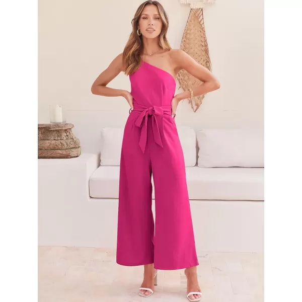 Caracilia Women's Summer Dressy One Shoulder Strap Tie Waist Zipper Back Wide Leg Jumpsuit Rompers with Pockets