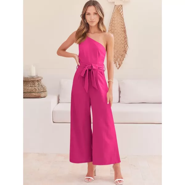 Caracilia Women's Summer Dressy One Shoulder Strap Tie Waist Zipper Back Wide Leg Jumpsuit Rompers with Pockets