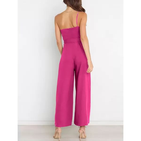 Caracilia Women's Summer Dressy One Shoulder Strap Tie Waist Zipper Back Wide Leg Jumpsuit Rompers with Pockets