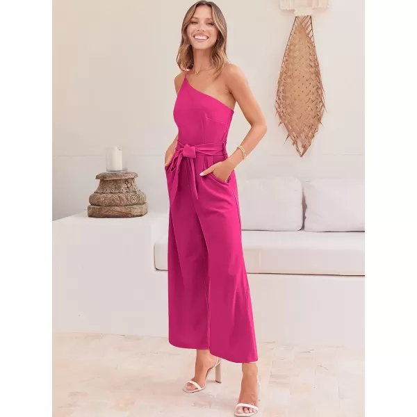 Caracilia Women's Summer Dressy One Shoulder Strap Tie Waist Zipper Back Wide Leg Jumpsuit Rompers with Pockets
