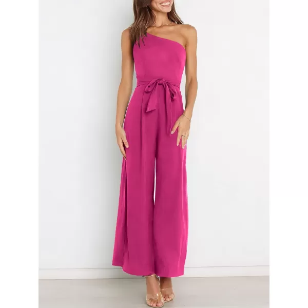 Caracilia Women's Summer Dressy One Shoulder Strap Tie Waist Zipper Back Wide Leg Jumpsuit Rompers with Pockets