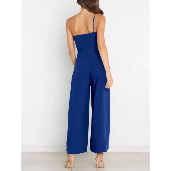 Caracilia Women's Summer Dressy One Shoulder Strap Tie Waist Zipper Back Wide Leg Jumpsuit Rompers with Pockets