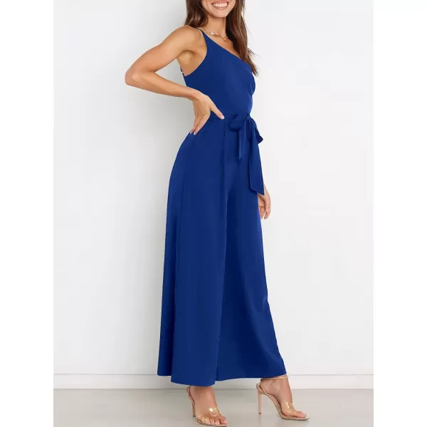 Caracilia Women's Summer Dressy One Shoulder Strap Tie Waist Zipper Back Wide Leg Jumpsuit Rompers with Pockets