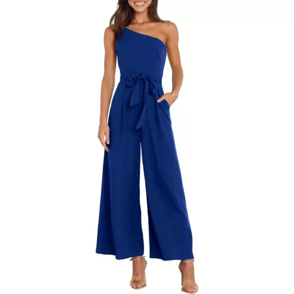 Caracilia Women's Summer Dressy One Shoulder Strap Tie Waist Zipper Back Wide Leg Jumpsuit Rompers with Pockets