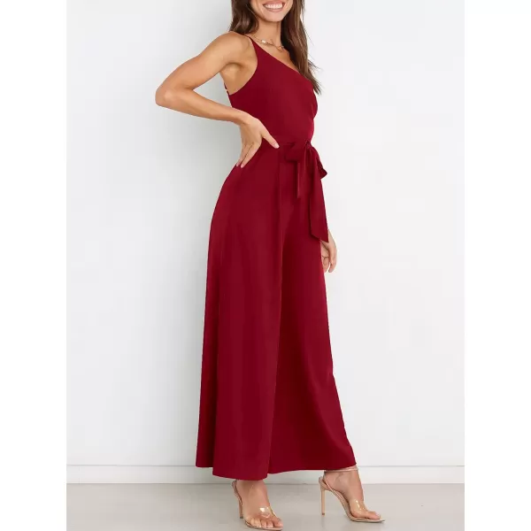 Caracilia Women's Summer Dressy One Shoulder Strap Tie Waist Zipper Back Wide Leg Jumpsuit Rompers with Pockets