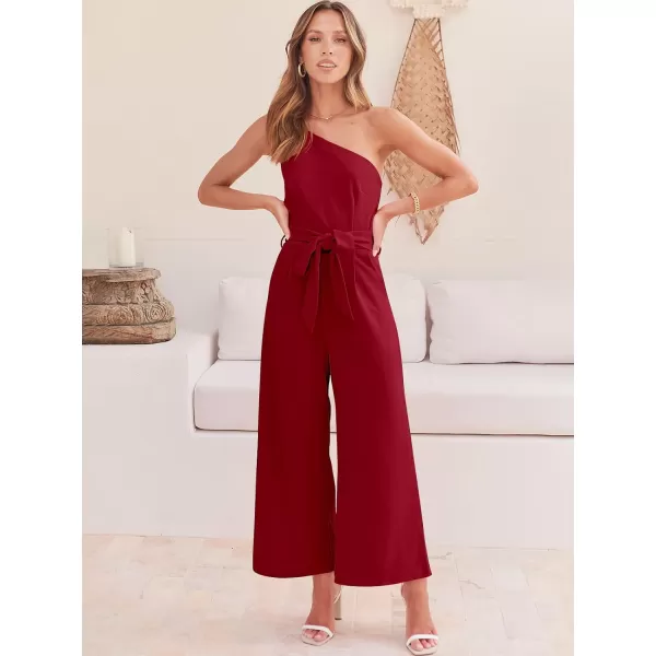 Caracilia Women's Summer Dressy One Shoulder Strap Tie Waist Zipper Back Wide Leg Jumpsuit Rompers with Pockets