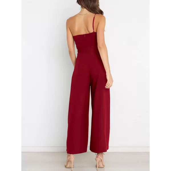 Caracilia Women's Summer Dressy One Shoulder Strap Tie Waist Zipper Back Wide Leg Jumpsuit Rompers with Pockets