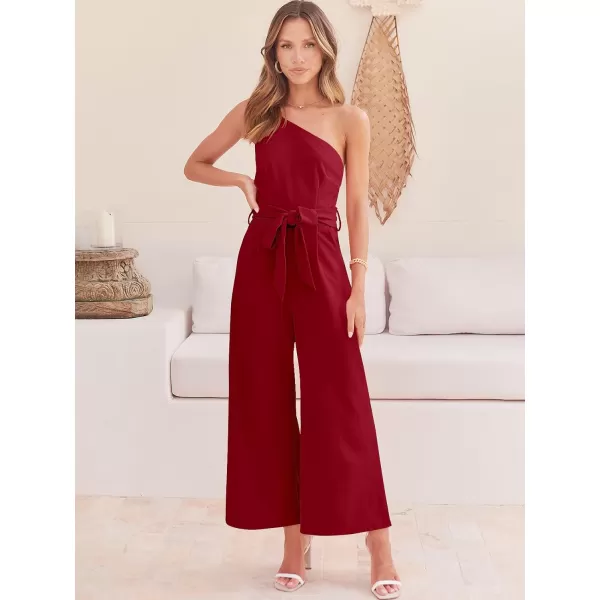Caracilia Women's Summer Dressy One Shoulder Strap Tie Waist Zipper Back Wide Leg Jumpsuit Rompers with Pockets
