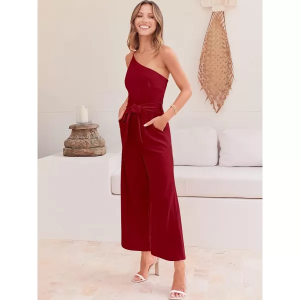 Caracilia Women's Summer Dressy One Shoulder Strap Tie Waist Zipper Back Wide Leg Jumpsuit Rompers with Pockets
