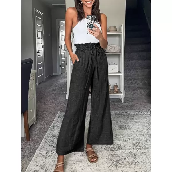 Caracilia Women's Summer Linen Pants Casual Loose Drawstring Ruffle High Waist Wide Leg Capri Pants Trousers with Pockets