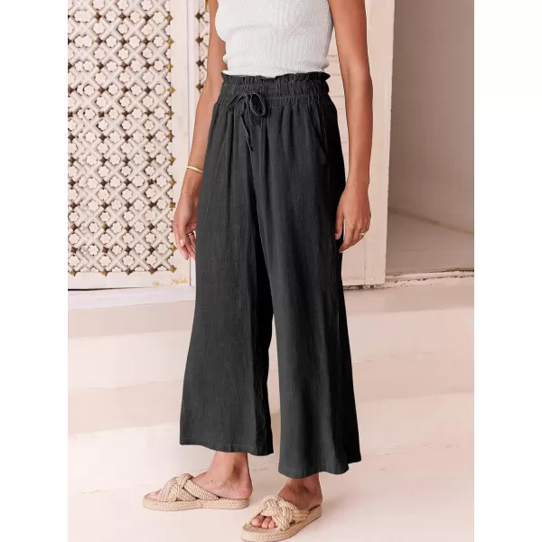 Caracilia Women's Summer Linen Pants Casual Loose Drawstring Ruffle High Waist Wide Leg Capri Pants Trousers with Pockets