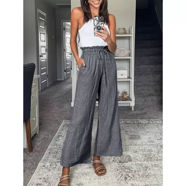 Caracilia Women's Summer Linen Pants Casual Loose Drawstring Ruffle High Waist Wide Leg Capri Pants Trousers with Pockets