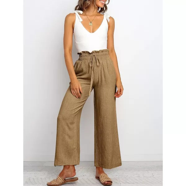 Caracilia Women's Summer Linen Pants Casual Loose Drawstring Ruffle High Waist Wide Leg Capri Pants Trousers with Pockets