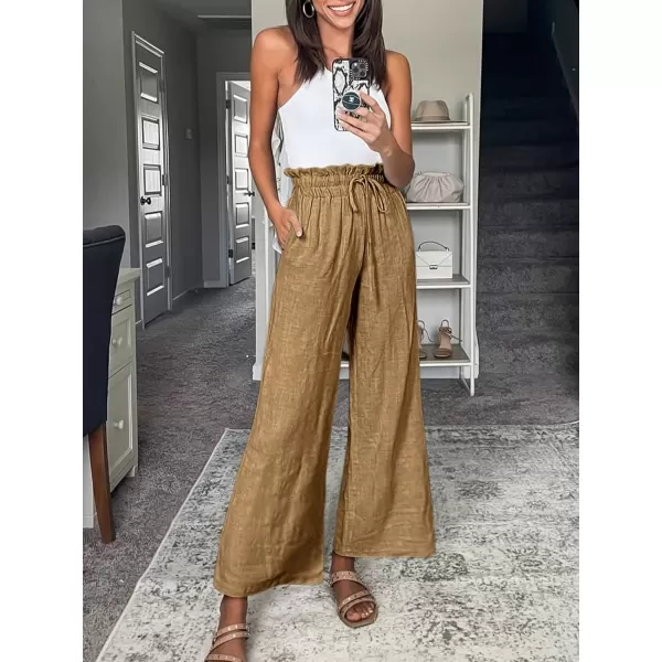Caracilia Women's Summer Linen Pants Casual Loose Drawstring Ruffle High Waist Wide Leg Capri Pants Trousers with Pockets