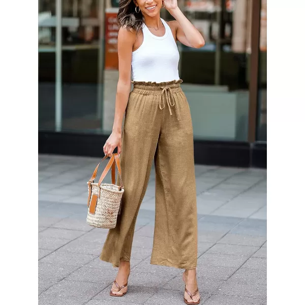Caracilia Women's Summer Linen Pants Casual Loose Drawstring Ruffle High Waist Wide Leg Capri Pants Trousers with Pockets