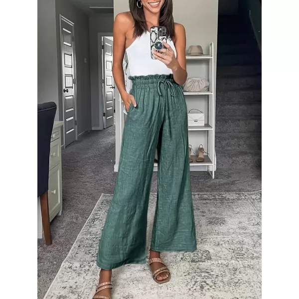 Caracilia Women's Summer Linen Pants Casual Loose Drawstring Ruffle High Waist Wide Leg Capri Pants Trousers with Pockets