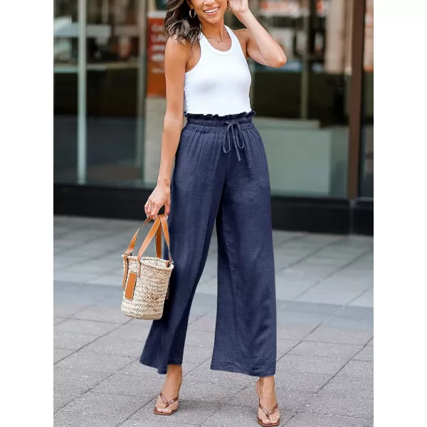 Caracilia Women's Summer Linen Pants Casual Loose Drawstring Ruffle High Waist Wide Leg Capri Pants Trousers with Pockets