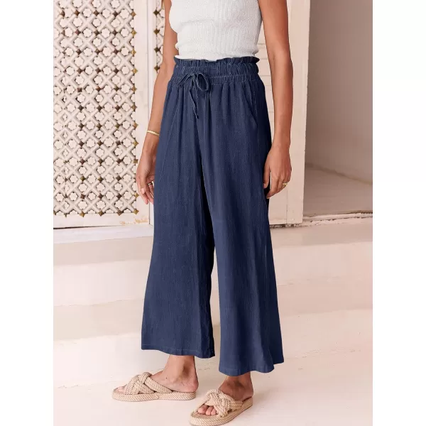 Caracilia Women's Summer Linen Pants Casual Loose Drawstring Ruffle High Waist Wide Leg Capri Pants Trousers with Pockets