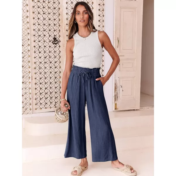 Caracilia Women's Summer Linen Pants Casual Loose Drawstring Ruffle High Waist Wide Leg Capri Pants Trousers with Pockets