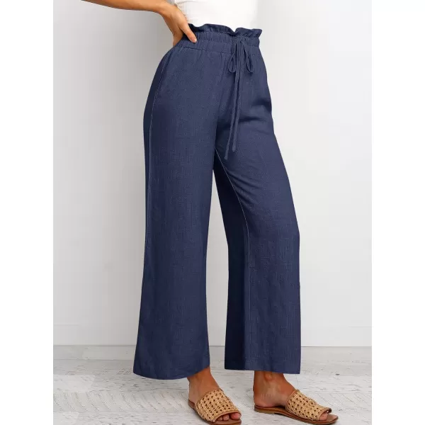 Caracilia Women's Summer Linen Pants Casual Loose Drawstring Ruffle High Waist Wide Leg Capri Pants Trousers with Pockets