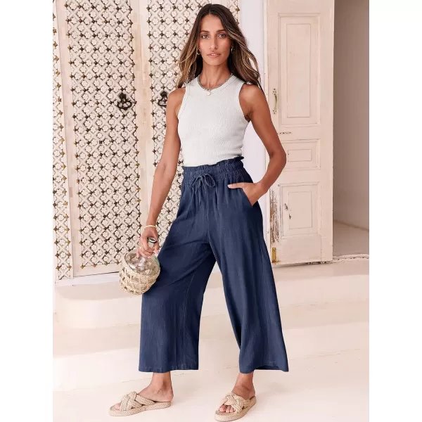 Caracilia Women's Summer Linen Pants Casual Loose Drawstring Ruffle High Waist Wide Leg Capri Pants Trousers with Pockets