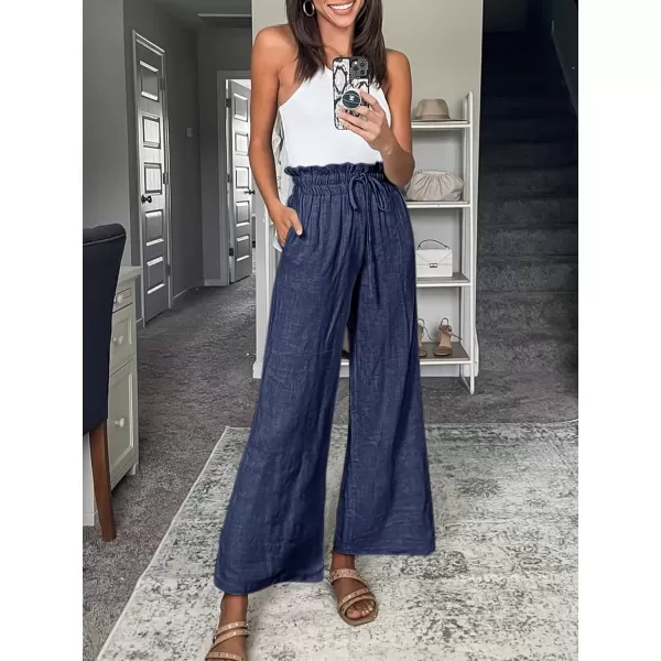 Caracilia Women's Summer Linen Pants Casual Loose Drawstring Ruffle High Waist Wide Leg Capri Pants Trousers with Pockets