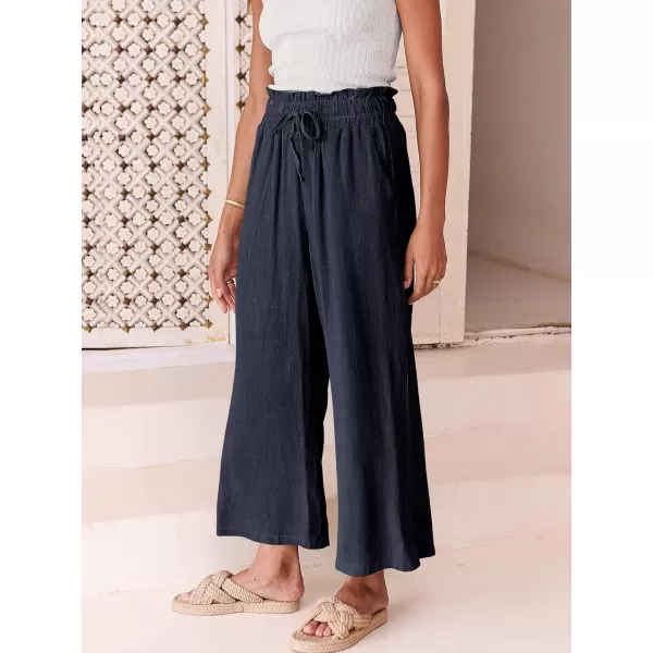 Caracilia Women's Summer Linen Pants Casual Loose Drawstring Ruffle High Waist Wide Leg Capri Pants Trousers with Pockets