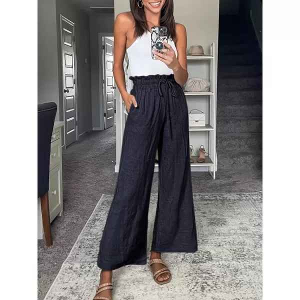 Caracilia Women's Summer Linen Pants Casual Loose Drawstring Ruffle High Waist Wide Leg Capri Pants Trousers with Pockets