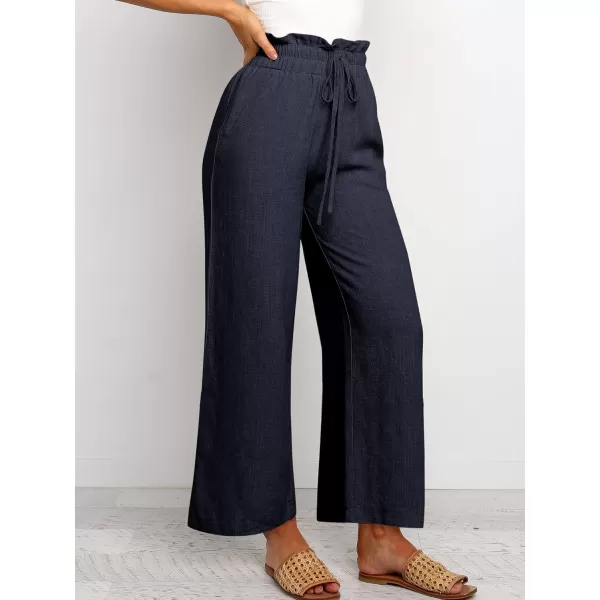 Caracilia Women's Summer Linen Pants Casual Loose Drawstring Ruffle High Waist Wide Leg Capri Pants Trousers with Pockets