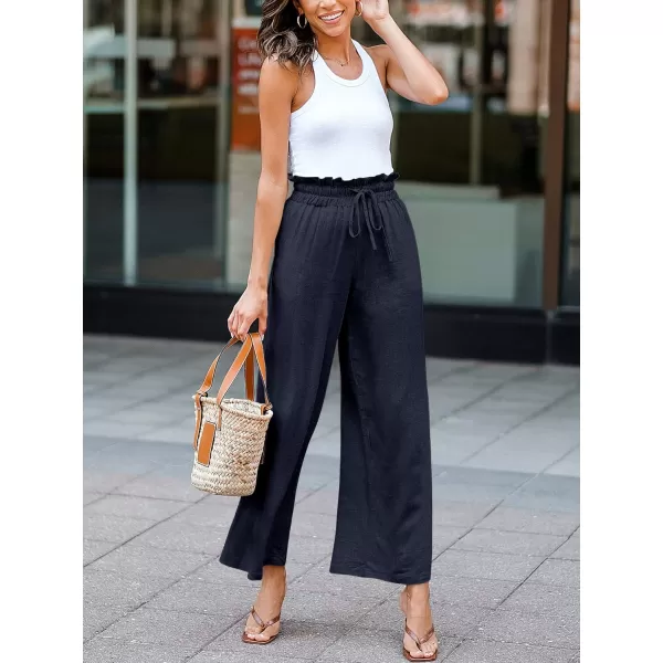 Caracilia Women's Summer Linen Pants Casual Loose Drawstring Ruffle High Waist Wide Leg Capri Pants Trousers with Pockets