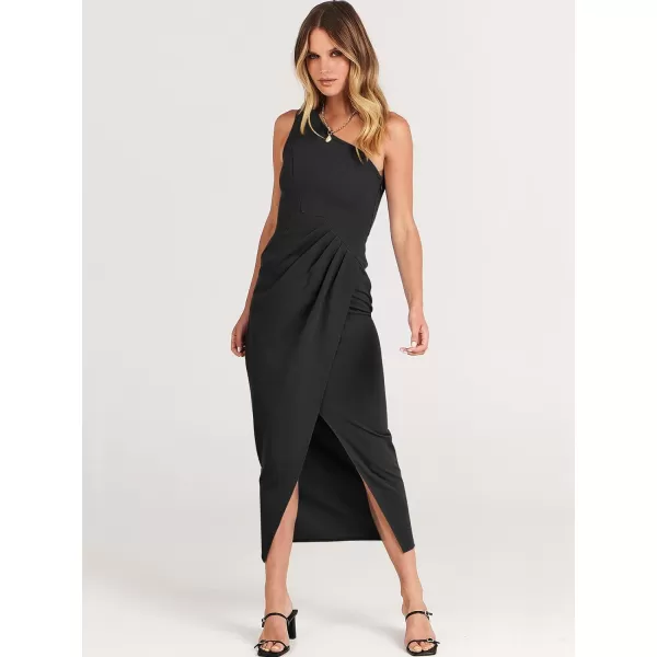 Caracilia Women's Summer One Shoulder Formal Dress Sleeveless Wrap Ruched Bodycon Slit Maxi Cocktail Wedding Guest Dresses