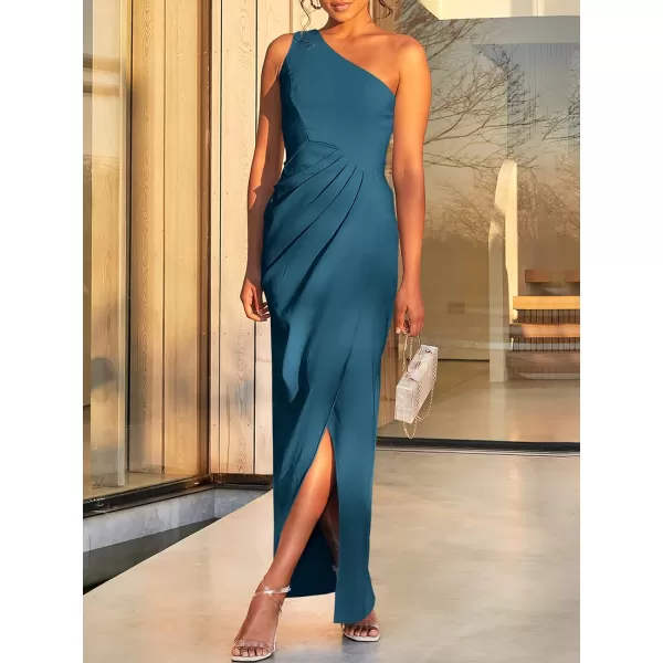 Caracilia Women's Summer One Shoulder Formal Dress Sleeveless Wrap Ruched Bodycon Slit Maxi Cocktail Wedding Guest Dresses