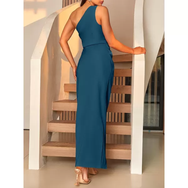Caracilia Women's Summer One Shoulder Formal Dress Sleeveless Wrap Ruched Bodycon Slit Maxi Cocktail Wedding Guest Dresses