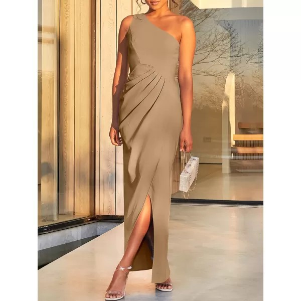 Caracilia Women's Summer One Shoulder Formal Dress Sleeveless Wrap Ruched Bodycon Slit Maxi Cocktail Wedding Guest Dresses