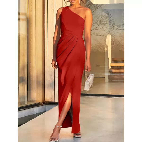 Caracilia Women's Summer One Shoulder Formal Dress Sleeveless Wrap Ruched Bodycon Slit Maxi Cocktail Wedding Guest Dresses