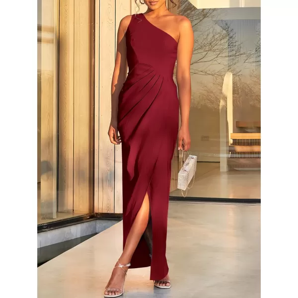 Caracilia Women's Summer One Shoulder Formal Dress Sleeveless Wrap Ruched Bodycon Slit Maxi Cocktail Wedding Guest Dresses